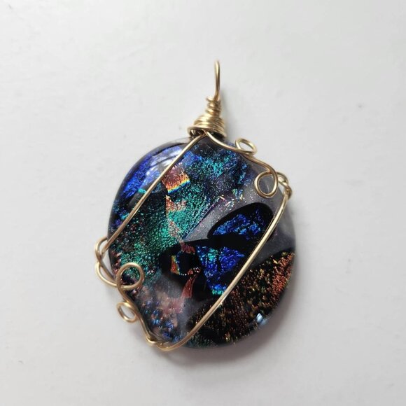 Handmade Wire Wrapped Dichroic Glass Pendant, Blue / Gold - Picture 1 of 5